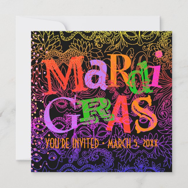 Mardi Gras Masks Colorful Typography Square Invitation (Front)