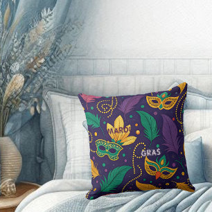 Mardi Gras Masks Feather Beads Gold Purple Green Throw Pillow