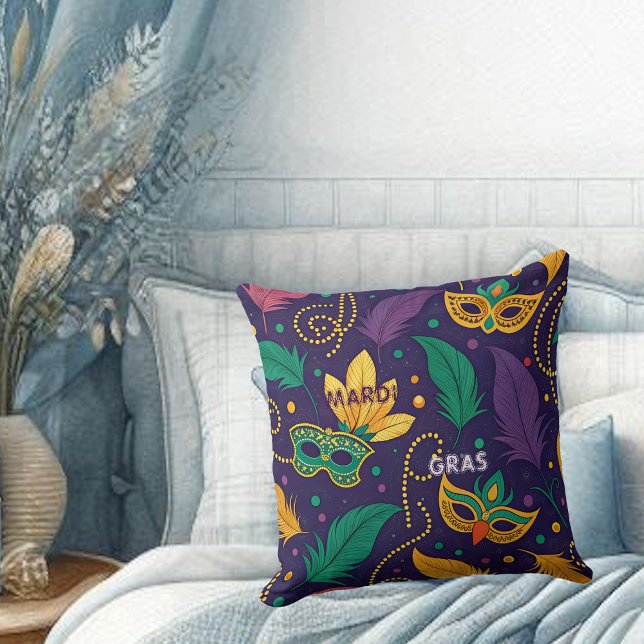 Mardi Gras Masks Feather Beads Gold Purple Green  Throw Pillow (Mardi Gras Masks Feather Beads Gold Purple Green Throw Pillow)