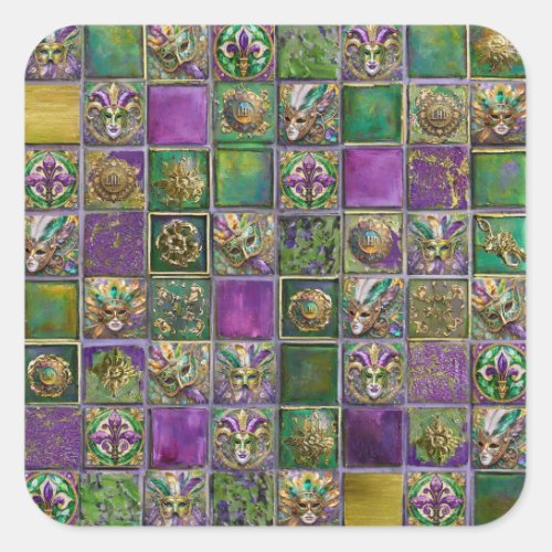 Mardi Gras Masks Feathers Fleur de lis Tile Print Square Sticker