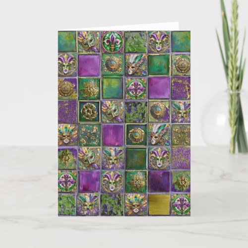 Mardi Gras Masks Feathers Fleur de lis Tile Print Thank You Card