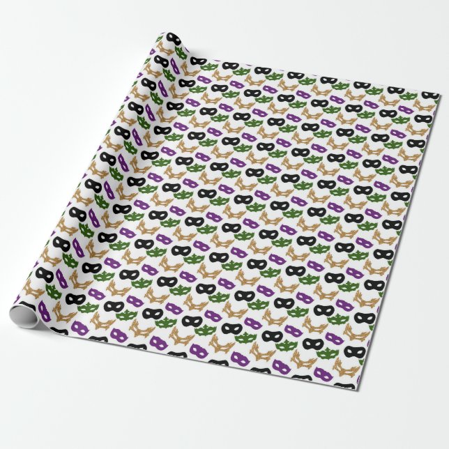 Mardi Gras Masks Purple Green Faux Gold Black  Wrapping Paper (Unrolled)