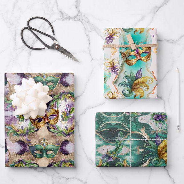 Mardi Gras Masks Wrapping Paper Sheets (Front)