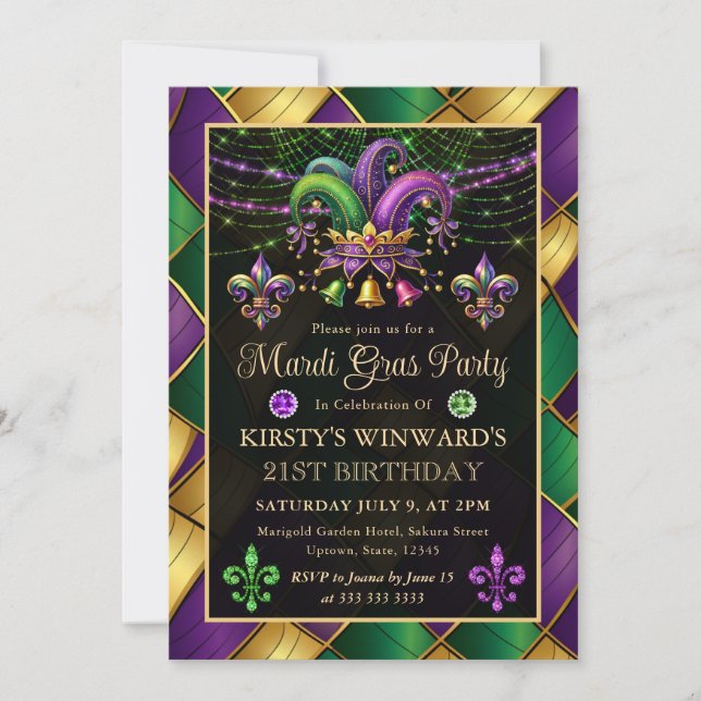 Mardi Gras Masquerade 21st Birthday Invitation (Front)
