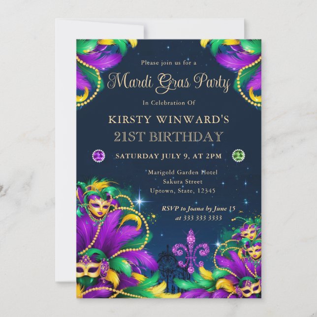 Mardi Gras Masquerade 21st Birthday Invitation (Front)