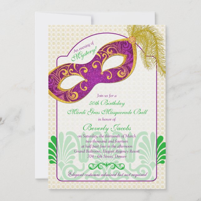 Mardi Gras Masquerade Ball 50th Birthday Invitation (Front)