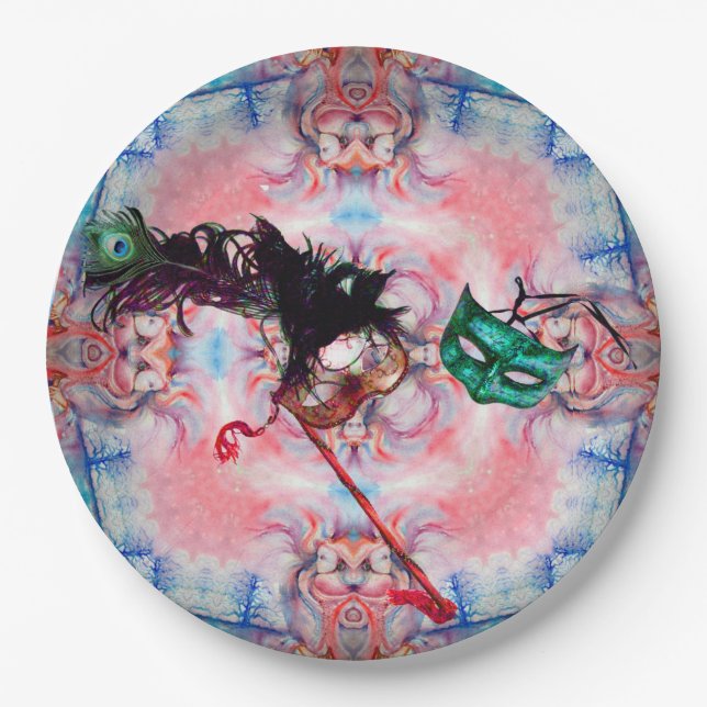 MARDI GRAS MASQUERADE BALL MASK Blue Pink Purple   Paper Plates (Front)