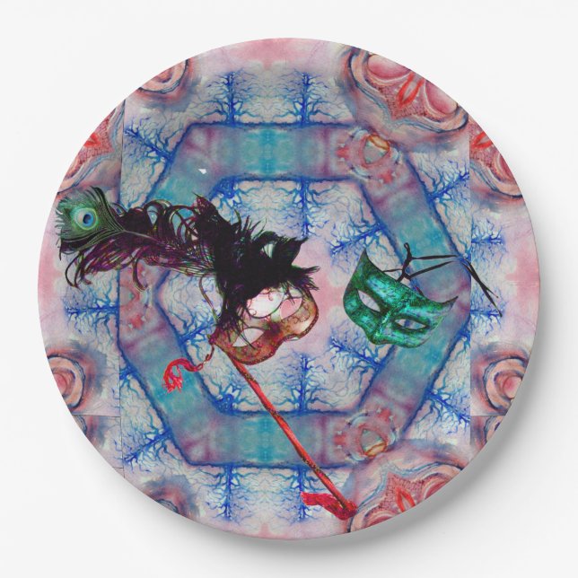 MARDI GRAS MASQUERADE BALL MASK blue pink purple   Paper Plates (Front)