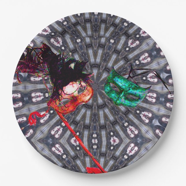 MARDI GRAS MASQUERADE BALL MASK blue pink purple Paper Plates (Front)