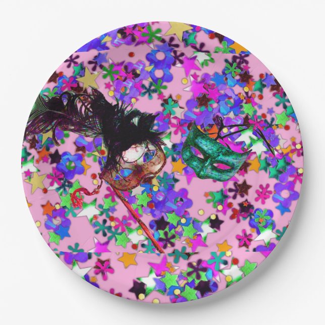 MARDI GRAS MASQUERADE BALL MASK  confetti Paper Plates (Front)