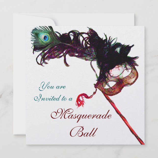 MARDI GRAS MASQUERADE BALL Red Green Feather Masks Invitation (Front)