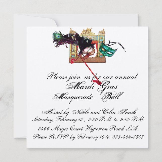 MARDI GRAS MASQUERADE BALL THEATRE MASKS Silver Invitation (Back)