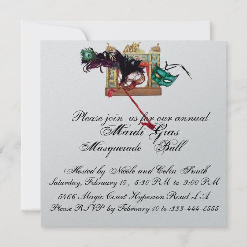 MARDI GRAS MASQUERADE BALL THEATRE MASKS Silver Invitation