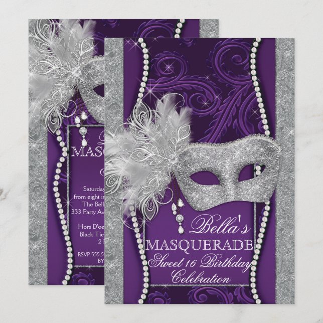 Mardi Gras Masquerade Birthday Party Invitation (Front/Back)