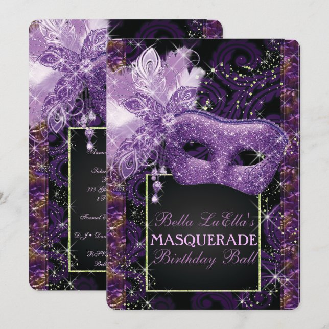 Mardi Gras Masquerade Birthday Party Invitation (Front/Back)