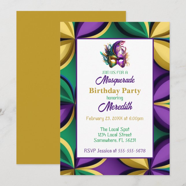 Mardi Gras Masquerade Birthday Party Invitation (Front/Back)