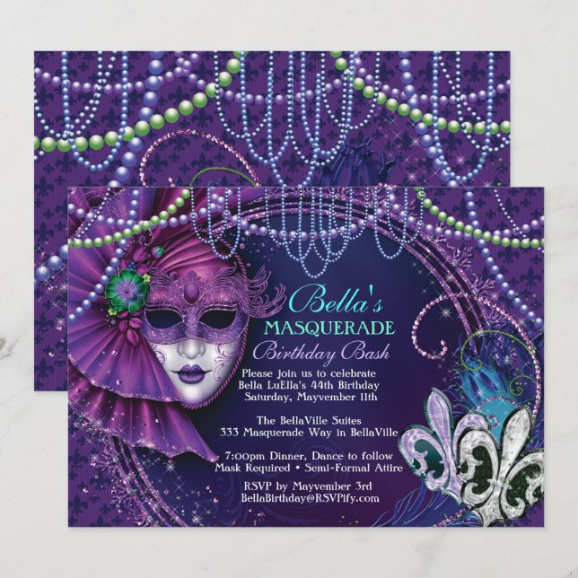 Mardi Gras Masquerade Birthday Party Invitations (Front/Back)