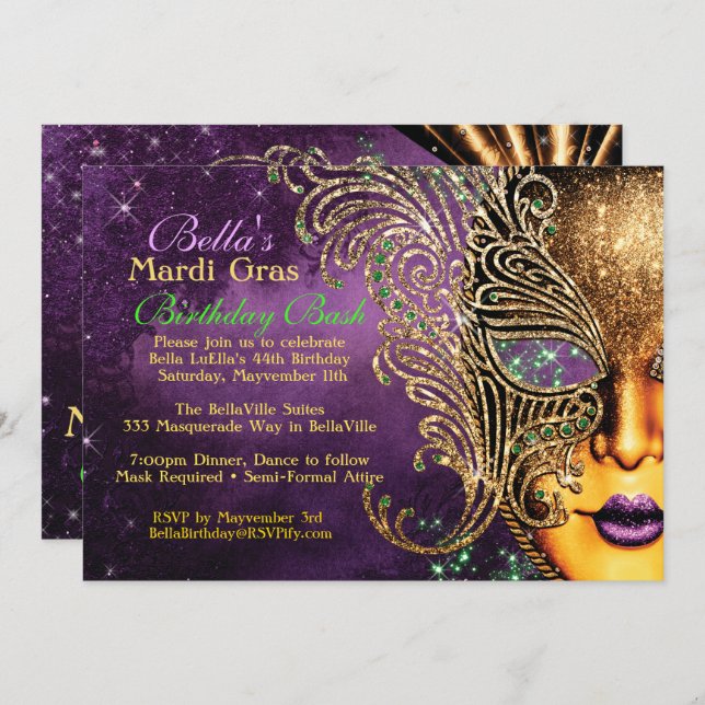 Mardi Gras Masquerade Birthday Party Invitations (Front/Back)