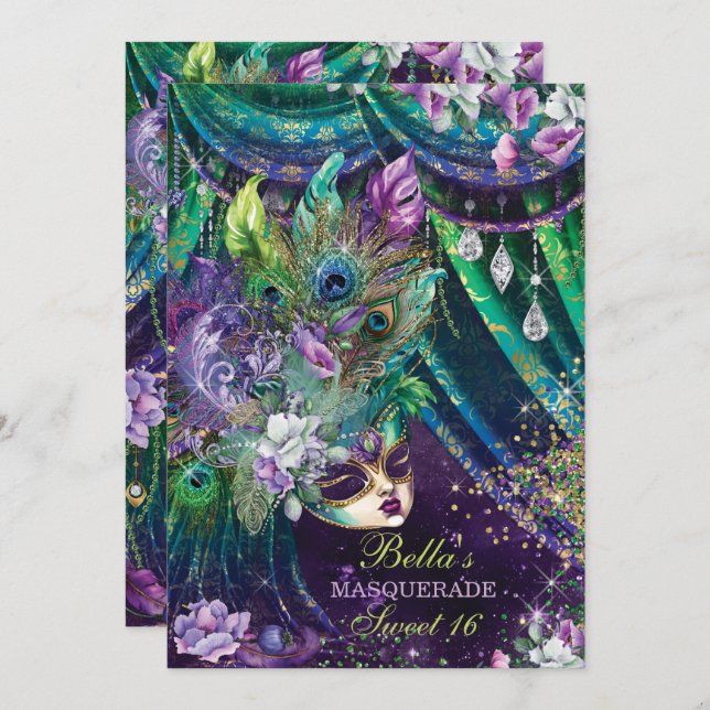 Mardi Gras Masquerade Birthday Party Invitations (Front/Back)