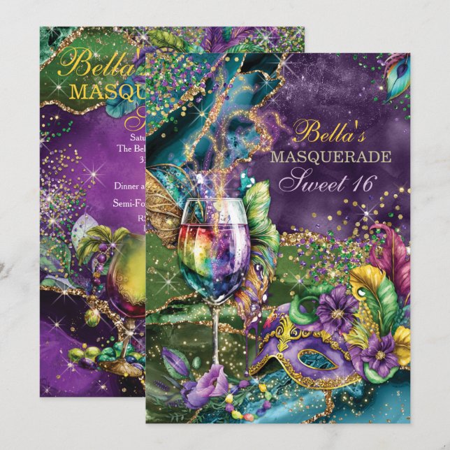 Mardi Gras Masquerade Birthday Party Invitations (Front/Back)