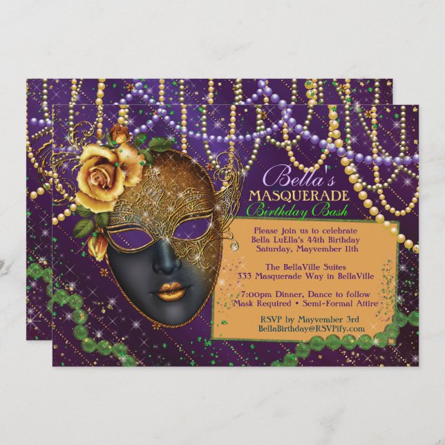 Mardi Gras Masquerade Birthday Party Invitations (Front/Back)