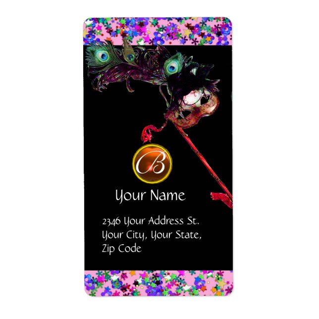 MARDI GRAS MASQUERADE Confetti gem monogram Label (Front)