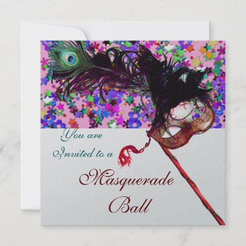 MARDI GRAS MASQUERADE  CONFETTI white pink silver Invitation