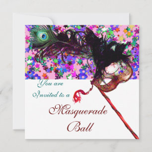 MARDI GRAS MASQUERADE & CONFETTI white purple pink Invitation