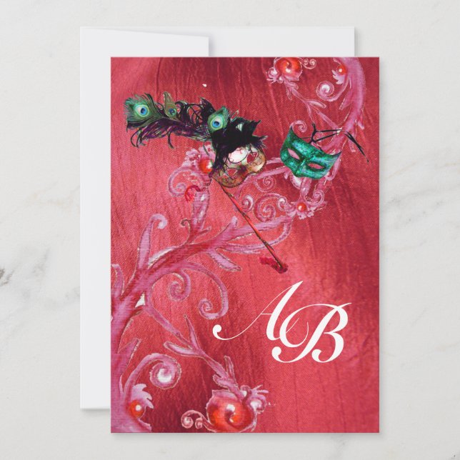 MARDI GRAS MASQUERADE ,MAGIC BERRIES MONOGRAM silk Invitation (Front)