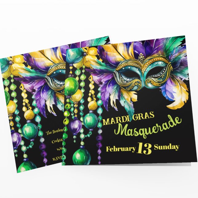 Mardi Gras Masquerade Mask and Beads Party Invitation (Mardi Gras masquerade party invitation that you can customize with your Shrove Tuesday events. )