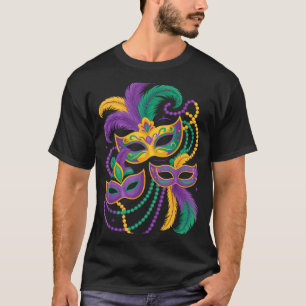 Mardi Gras Masquerade Mask Beads Feather Carnival T-Shirt