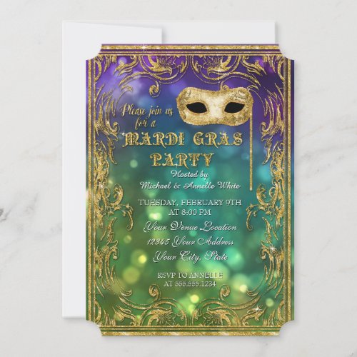 Mardi Gras Masquerade Mask Bokeh Gold Glitter Invitation