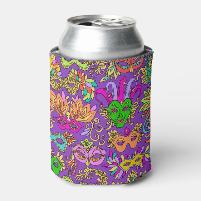 Mardi Gras Masquerade Mask Bright Purple Green Can Cooler (Can Front)