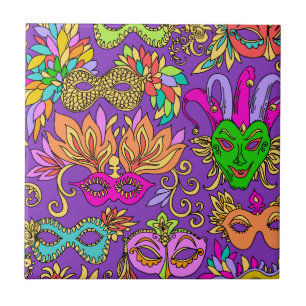 Mardi Gras Masquerade Mask Bright Purple Green Ceramic Tile