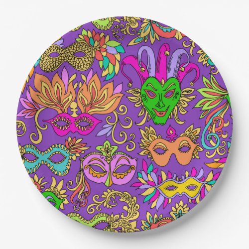 Mardi Gras Masquerade Mask Bright Purple Green Paper Plates
