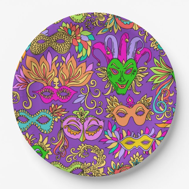 Mardi Gras Masquerade Mask Bright Purple Green Paper Plates (Front)