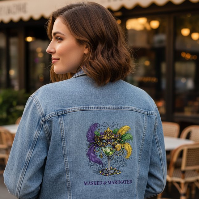 Mardi Gras Masquerade Mask & Martini Party Denim Jacket (Creator Uploaded)