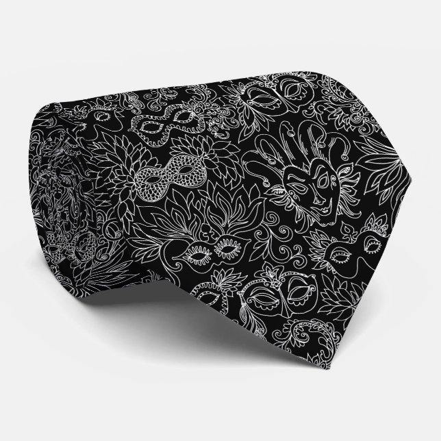 Mardi Gras Masquerade Masks Black and White Neck Tie (Rolled)