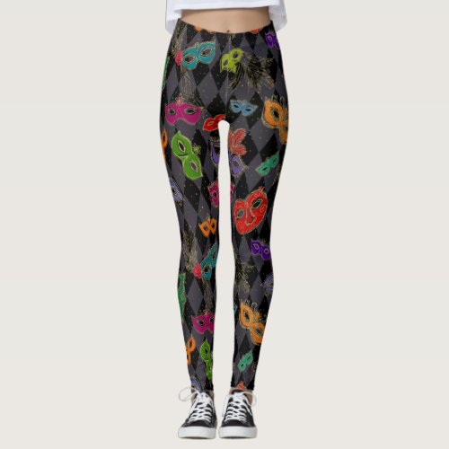 Mardi Gras Masquerade Masks Black Harlequin Leggings