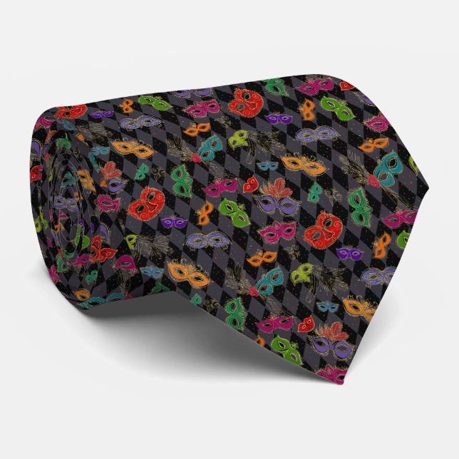 Mardi Gras Masquerade Masks Black Harlequin Neck Tie (Rolled)