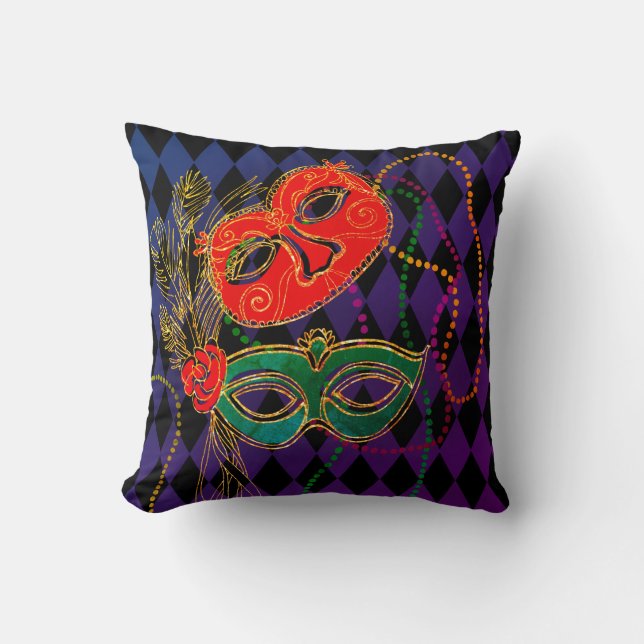 Mardi Gras Masquerade Masks Black Harlequin Throw Pillow (Front)