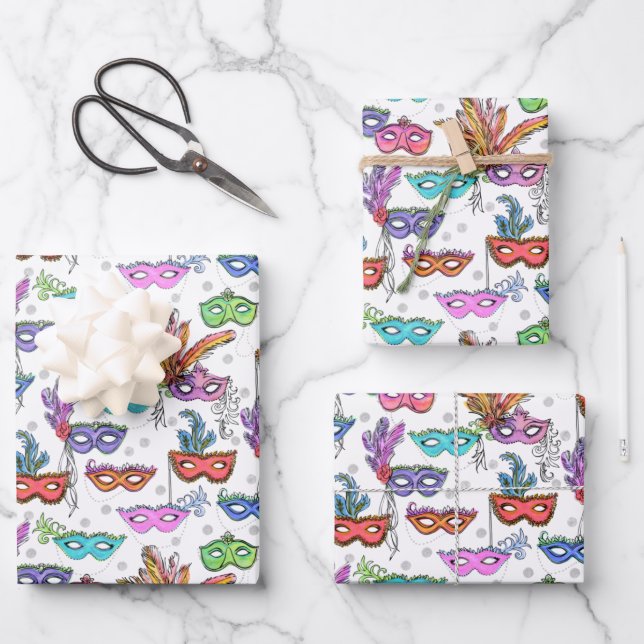 Mardi Gras Masquerade Masks Bright Watercolor Wrapping Paper Sheets (Front)