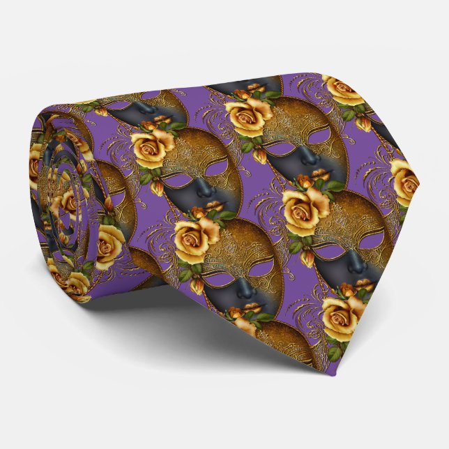 Mardi Gras Masquerade Masks Carnival Gold Black Neck Tie (Rolled)