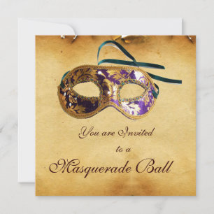 MARDI GRAS MASQUERADE MASKS Classy Parchment Invitation