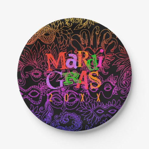 Mardi Gras Masquerade Masks Colorful Typography Paper Plates