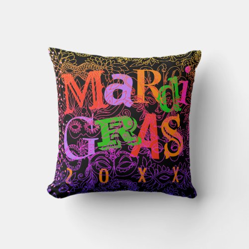 Mardi Gras Masquerade Masks Colorful Typography Throw Pillow