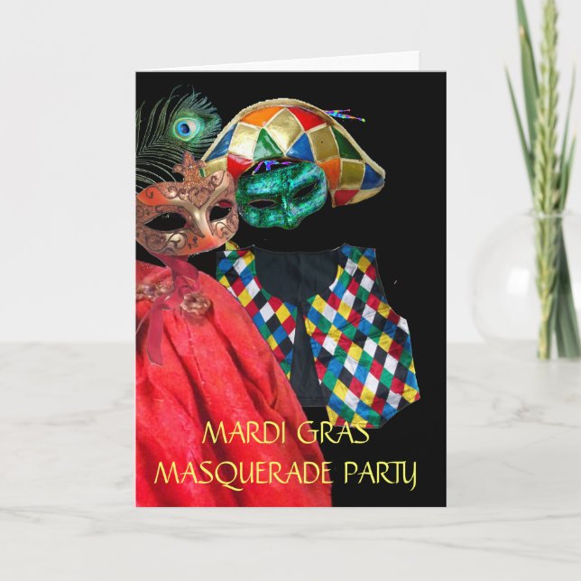 MARDI GRAS MASQUERADE MASKS,HARLEQUIN COSTUME HOLIDAY CARD (Front)