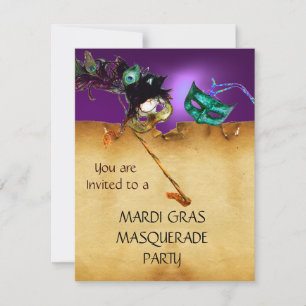 MARDI GRAS MASQUERADE PARTY, orange purple Invitation