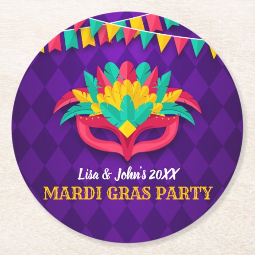 Mardi Gras Masquerade Party Round Paper Coaster