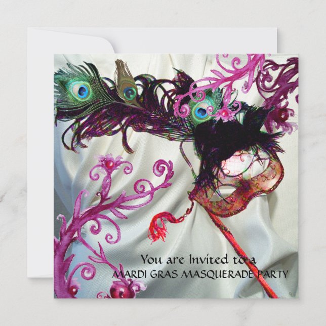 MARDI GRAS MASQUERADE PARTY, WHITE SILK CLOTH INVITATION (Front)